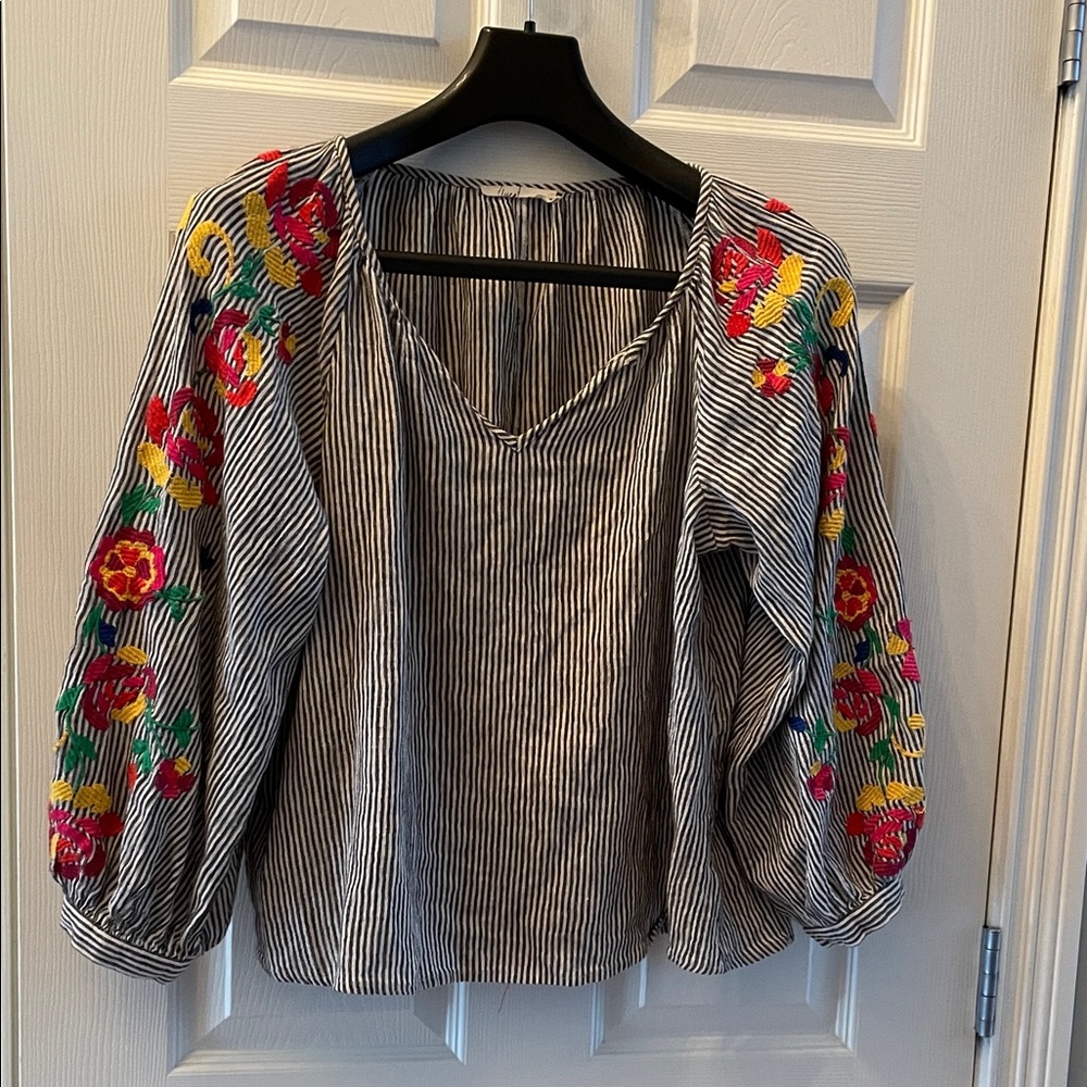 Floreat Black and White Striped Blouse with Floral Embroidery